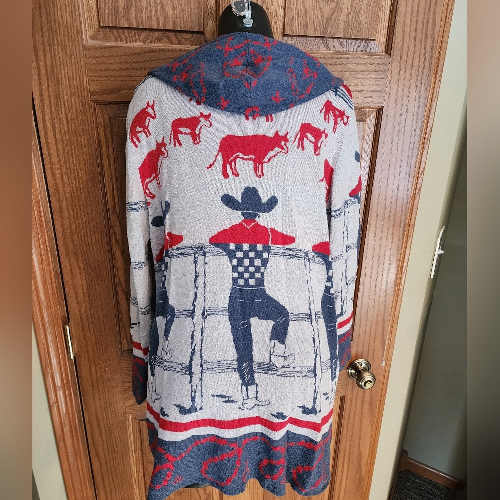 Tosha Polizzi - Large, gray Western print, open front cardigan